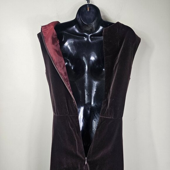 Vintage Brown Velvet Babydoll Maxi Dress 8 Plunge U-Neck Sash Tie Hand Sewn - Picture 5 of 9